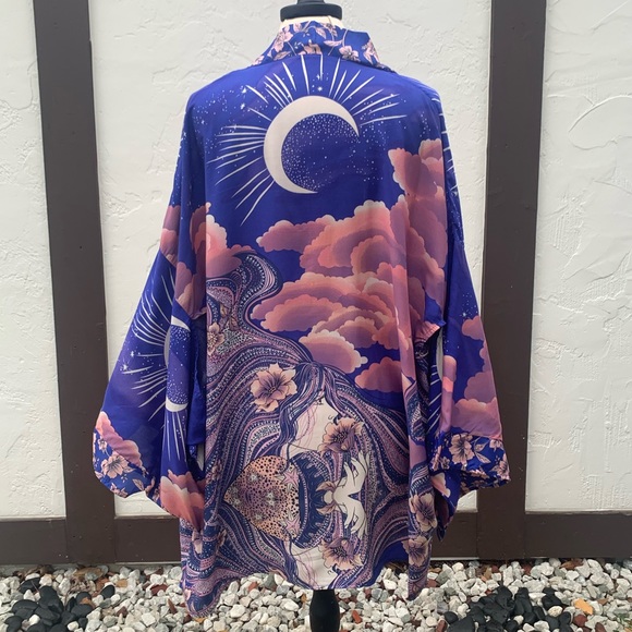 New Bohemian Moon & Stars Mixed Floral Print Kimono Cardigan Jacket Robe - Picture 11 of 17